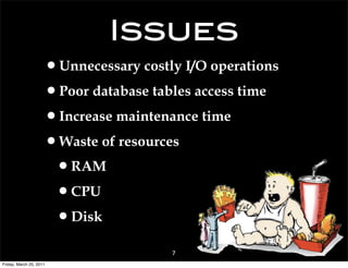 Issues
                     •Unnecessary costly I/O operations
                     •Poor database tables access time
                     •Increase maintenance time
                     •Waste of resources
                      •RAM
                      •CPU
                      •Disk
                                       7
Friday, March 25, 2011
 