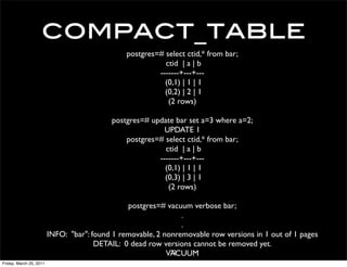 compact_table
                                                postgres=# select ctid,* from bar;
                                                           ctid | a | b
                                                         -------+---+---
                                                           (0,1) | 1 | 1
                                                           (0,2) | 2 | 1
                                                            (2 rows)

                                           postgres=# update bar set a=3 where a=2;
                                                          UPDATE 1
                                               postgres=# select ctid,* from bar;
                                                          ctid | a | b
                                                        -------+---+---
                                                          (0,1) | 1 | 1
                                                          (0,3) | 3 | 1
                                                           (2 rows)

                                                postgres=# vacuum verbose bar;
                                                                .
                                                                .
                         INFO: "bar": found 1 removable, 2 nonremovable row versions in 1 out of 1 pages
                                       DETAIL: 0 dead row versions cannot be removed yet.
                                                            VACUUM
                                                             22
Friday, March 25, 2011
 