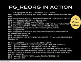 pg_reorg in action
                         LOG: (query) BEGIN ISOLATION LEVEL SERIALIZABLE
                 LOG: (query) SELECT set_config('work_mem', current_setting('maintenance_work_mem'),
                 true)
                 LOG: (query) SELECT reorg.array_accum(virtualtransaction) FROM pg_locks WHERE
                 locktype = 'virtualxid' AND pid <> pg_backend_pid()                                 CTAS
                 LOG: (query) DELETE FROM reorg.log_7441636                                        Create
                 LOG: (query) CREATE TABLE reorg.table_7441636 WITH (oids=false) TABLESPACE
                 pg_default AS SELECT * FROM ONLY public.test ORDER BY test_id                    Indexes
                 LOG: (query) SELECT reorg.disable_autovacuum('reorg.table_7441636')
                 LOG: (query) COMMIT
                 LOG: (query) SELECT indexrelid, reorg.reorg_indexdef(indexrelid, indrelid) FROM
                 pg_index WHERE indrelid = $1
                 LOG: (param:0) = 7441636
                 LOG: (query) CREATE UNIQUE INDEX index_201337719 ON reorg.table_7441636 USING
                 btree (test_id)

                 LOG: (query) SELECT reorg.reorg_apply($1, $2, $3, $4, $5, $6)
                 LOG: (param:0) = SELECT * FROM reorg.log_7441636 ORDER BY id LIMIT $1
                 LOG: (param:1) = INSERT INTO reorg.table_7441636 VALUES ($1.*)
                 LOG: (param:2) = DELETE FROM reorg.table_7441636 WHERE (test_id) = ($1.test_id)
                 LOG: (param:3) = UPDATE reorg.table_7441636 SET (test_id, name, lat, lon, city, country,
                 state_abr) = ($2.test_id, $2.name, $2.lat, $2.lon, $2.city, $2.country, $2.state_abr) WHERE
                 (test_id) = ($1.test_id)
                 LOG: (param:4) = DELETE FROM reorg.log_7441636 WHERE id <= $1
                 LOG: (param:5) = 1000                           31
Friday, March 25, 2011
 