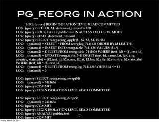 pg_reorg in action
                       LOG: (query) BEGIN ISOLATION LEVEL READ COMMITTED
                 LOG: (query) SET LOCAL statement_timeout = 100
                 LOG: (query) LOCK TABLE public.test IN ACCESS EXCLUSIVE MODE
                 LOG: (query) RESET statement_timeout
                 LOG: (query) SELECT reorg.reorg_apply($1, $2, $3, $4, $5, $6)
                 LOG: (param:0) = SELECT * FROM reorg.log_7441636 ORDER BY id LIMIT $1
                 LOG: (param:1) = INSERT INTO reorg.table_7441636 VALUES ($1.*)
                 LOG: (param:2) = DELETE FROM reorg.table_7441636 WHERE (test_id) = ($1.test_id)
                 LOG: (param:3) = UPDATE reorg.table_7441636 SET (test_id, name, lat, lon, city,
                 country, state_abr) = ($2.test_id, $2.name, $2.lat, $2.lon, $2.city, $2.country, $2.state_abr)
                 WHERE (test_id) = ($1.test_id)
                 LOG: (param:4) = DELETE FROM reorg.log_7441636 WHERE id <= $1
                 LOG: (param:5) = 0

                 LOG: (query) SELECT reorg.reorg_swap($1)
                 LOG: (param:0) = 7441636
                 LOG: (query) COMMIT
                 LOG: (query) BEGIN ISOLATION LEVEL READ COMMITTED

                 LOG: (query) SELECT reorg.reorg_drop($1)
                 LOG: (param:0) = 7441636
                 LOG: (query) COMMIT
                 LOG: (query) BEGIN ISOLATION LEVEL READ COMMITTED
                 LOG: (query) ANALYZE publoc.test
                                                        32
                 LOG: (query) COMMIT
Friday, March 25, 2011
 