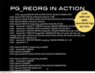 pg_reorg in action
                       LOG: (query) BEGIN ISOLATION LEVEL READ COMMITTED                                   Lock
                 LOG: (query) SET LOCAL statement_timeout = 100                                          table and
                 LOG: (query) LOCK TABLE public.test IN ACCESS EXCLUSIVE MODE                              apply
                 LOG: (query) RESET statement_timeout
                 LOG: (query) SELECT reorg.reorg_apply($1, $2, $3, $4, $5, $6)                     operational logs
                 LOG: (param:0) = SELECT * FROM reorg.log_7441636 ORDER BY id LIMIT $1 last time
                 LOG: (param:1) = INSERT INTO reorg.table_7441636 VALUES ($1.*)
                 LOG: (param:2) = DELETE FROM reorg.table_7441636 WHERE (test_id) = ($1.test_id)
                 LOG: (param:3) = UPDATE reorg.table_7441636 SET (test_id, name, lat, lon, city,
                 country, state_abr) = ($2.test_id, $2.name, $2.lat, $2.lon, $2.city, $2.country, $2.state_abr)
                 WHERE (test_id) = ($1.test_id)
                 LOG: (param:4) = DELETE FROM reorg.log_7441636 WHERE id <= $1
                 LOG: (param:5) = 0

                 LOG: (query) SELECT reorg.reorg_swap($1)
                 LOG: (param:0) = 7441636
                 LOG: (query) COMMIT
                 LOG: (query) BEGIN ISOLATION LEVEL READ COMMITTED

                 LOG: (query) SELECT reorg.reorg_drop($1)
                 LOG: (param:0) = 7441636
                 LOG: (query) COMMIT
                 LOG: (query) BEGIN ISOLATION LEVEL READ COMMITTED
                 LOG: (query) ANALYZE publoc.test
                                                        32
                 LOG: (query) COMMIT
Friday, March 25, 2011
 
