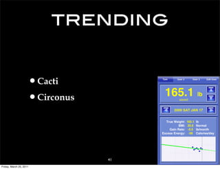 trending


                     •Cacti
                     •Circonus


                                 41
Friday, March 25, 2011
 