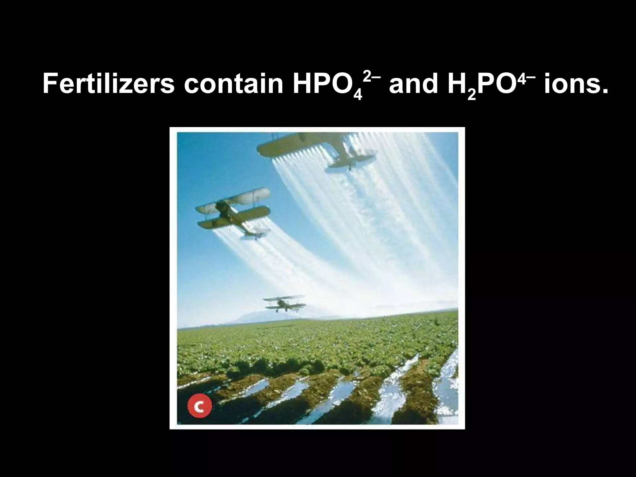 Fertilizers contain HPO 4 2–  and H 2 PO 4 –  ions. 