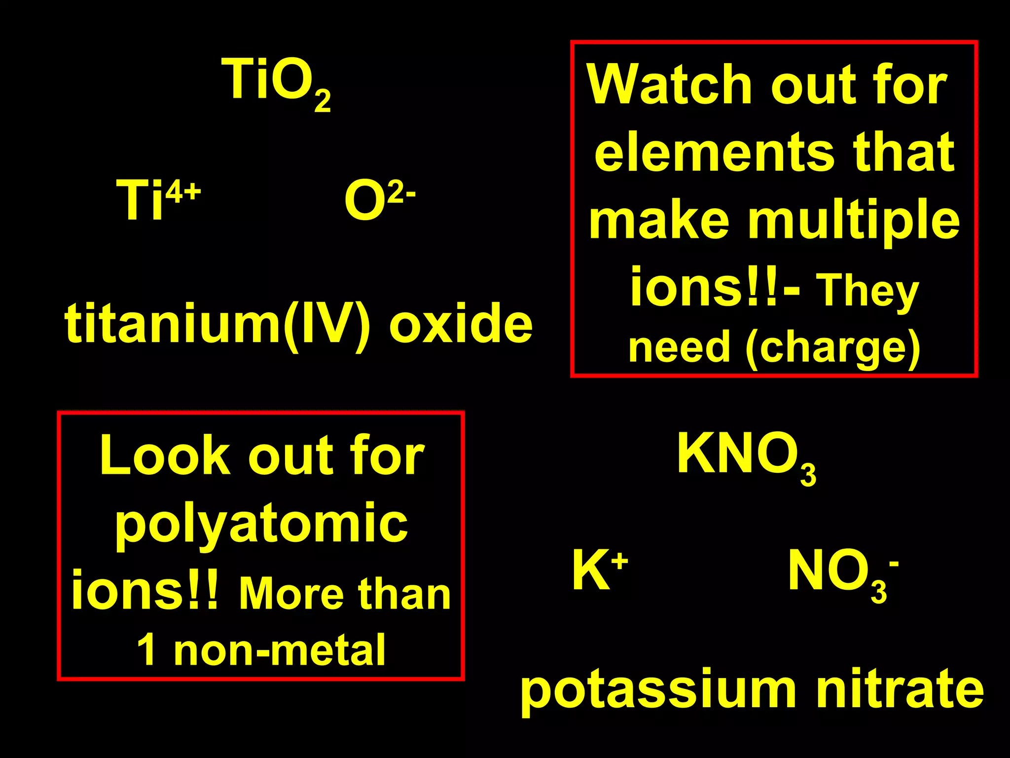   KNO 3   K +   NO 3 - potassium nitrate   TiO 2   Ti 4+   O 2- titanium(IV) oxide Watch out for  elements that make multiple ions!!-  They need (charge) Look out for polyatomic ions!!  More than 1 non-metal 