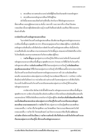 www.kroobannok.com
                                                    7

        8. สถานศึกษา ตรวจสอบจํานวนหนวยกิตที่ผเู รียนเรียนกับเกณฑการจบหลักสูตรฯ
        9. สถานศึกษาออกหลักฐานการศึกษาใหกับผูเรียน
        ตอไปนี้จะขยายรายละเอียดในสวนที่จําเปน สําหรับการใชหลักสูตรแกนกลางฯ
ที่สถานศึกษา และครูผูสอนควรทราบ ดังนั้น รายการที่ 5 และรายการที่ 6-9 จึงจะไมแสดง
รายละเอียด เนืองจากผูรับผิดชอบมีความรู ความเขาใจเปนอยางดีแลว และศึกษาไดจากเอกสาร
               ่
ดังกลาวขางตน

การจัดทําโครงสรางหลักสูตรของสถานศึกษา
        ในการจัดทําโครงสรางหลักสูตรสถานศึกษา ตองพิจารณาขอมูลจากหลักสูตรแกนกลาง
การศึกษาขั้นพื้นฐาน พุทธศักราช 2551 เปาหมาย/จุดมุงหมายในการพัฒนาผูเรียน ระดับทองถิ่น
                                                      
(หลักสูตรระดับทองถิ่น) แลวจึงดําเนินการจัดทําโครงสรางหลักสูตรสถานศึกษา ดังนี้(สําหรับ
ความเปนทองถิ่น สถานศึกษา สามารถสอดแทรกในวิชาพื้นฐาน สอดแทรกหรือจัดทําเปนรายวิชา
ในวิชาเพิ่มเติม และสามารถสอดแทรกในกิจกรรมพัฒนาผูเรียน)
        1. รายวิชาพื้นฐาน ทุกกลุมสาระการเรียนรู ตองใหจํานวนหนวยกิต/ชั่วโมงตามตามที่
หลักสูตรแกนกลางการศึกษาขั้นพื้นฐาน พุทธศักราช 2551 กําหนด การใหชื่อวิชาในโครงสราง
หลักสูตรสถานศึกษา ระดับประถมศึกษาใหชื่อวิชาตามกลุมสาระการเรียนรู ระดับมัธยมศึกษา
ตอนตนและตอนปลาย ใหชอวิชาตามกลุมสาระการเรียนรู หรือใหชื่อตามเนื้อหาสาระของรายวิชา
                           ื่
นั้น(โครงสรางเวลาเรียนกําหนดในเอกสารหลักสูตรแกนกลางฯ หนา 20) ระดับมัธยมศึกษา
ตอนตน และตอนปลาย แตละกลุมสาระการเรียนรู สามารถจัดแยกไดมากกวา 1 รายวิชา(1 รายวิชา
ตองมีหนวยกิตไมนอยกวา 0.5 หนวยกิต) แตรวมจํานวนชั่วโมงของกลุมสาระฯ แลวตองไมเกิน
จํานวนชั่วโมงที่กําหนดในโครงสรางเวลาเรียนของแตละกลุมสาระการเรียนรู ที่กําหนดโดย
หลักสูตรแกนกลางฯ
             การจัดรายวิชา จัดโดย นําตัวชี้วัดที่กําหนดใน หลักสูตรแกนกลางการศึกษาขั้นพืนฐาน
                                                                                       ้
พุทธศักราช 2551 มาจัดวางในแตละป(ระดับประถมศึกษา) หรือภาคเรียน(ระดับมัธยมศึกษาตอนตน
และตอนปลาย) ใหเปนลําดับที่เหมาะสมกับการรับรูของผูเรียน สําหรับระดับชั้นมัธยมศึกษาตอนตน
และชั้นมัธยมศึกษาตอนปลาย แตละกลุมสาระการเรียนรูในโครงสรางเวลาเรียนของหลักสูตร
สถานศึกษา สามารถแยกมากกวา 1 รายวิชาได เชน กลุมสาระการเรียนรูสุขศึกษาและพลศึกษา
อาจจะแยกเปน 2 รายวิชา เปนวิชาสุขศึกษา และวิชาพลศึกษา วิชการงานอาชีพและเทคโนโลยี
อาจจะแยกเปน 2 รายวิชา คือ วิชาคอมพิวเตอร และวิชาการงานและอาชีพ เปนตน แตจํานวน
หนวยกิต หรือจํานวนชั่วโมง/ปของ 2 รายวิชารวมกันแลว ตองไมเกินจํานวนชั่วโมงในโครงสรางเวลา
เรียนของกลุมสาระการเรียนรูนั้น ที่กําหนดในหลักสูตรแกนกลางฯ



ดร.เฉลิม ฟกออน ศึกษานิเทศก สํานักงานเขตพื้นที่การศึกษาลําพูน เขต 1.     กุมภาพันธ 2552.
 