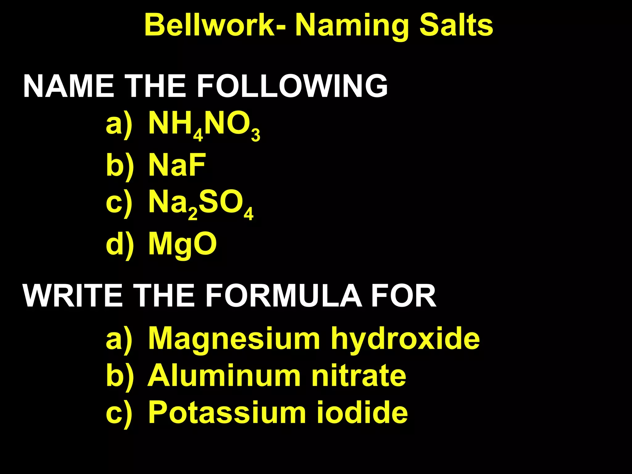 Bellwork- Naming Salts NAME THE FOLLOWING NH 4 NO 3 NaF Na 2 SO 4 MgO WRITE THE FORMULA FOR Magnesium hydroxide Aluminum nitrate Potassium iodide 