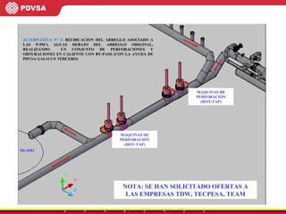 MAQUINAS DE PERFORACIÓN (HOT-TAP) MAQUINAS DE PERFORACIÓN (HOT-TAP) SK-4602 ALTERNATIVA N° 2:  REUBICACION DEL ARREGLO ASOCIADO A LAS P-956’s AGUAS DEBAJO DEL ARREGLO ORIGINAL, REALIZANDO  UN CONJUNTO DE PERFORACIONES Y OBTURACIONES EN CALIENTE CON BY-PASS (CON LA AYUDA DE PDVSA GAS O UN TERCERO)  NOTA: SE HAN SOLICITADO OFERTAS A LAS EMPRESAS TDW, TECPESA, TEAM 