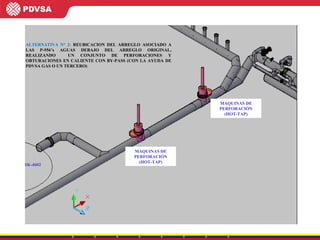 MAQUINAS DE PERFORACIÓN (HOT-TAP) MAQUINAS DE PERFORACIÓN (HOT-TAP) SK-4602 ALTERNATIVA N° 2:  REUBICACION DEL ARREGLO ASOCIADO A LAS P-956’s AGUAS DEBAJO DEL ARREGLO ORIGINAL, REALIZANDO  UN CONJUNTO DE PERFORACIONES Y OBTURACIONES EN CALIENTE CON BY-PASS (CON LA AYUDA DE PDVSA GAS O UN TERCERO)  