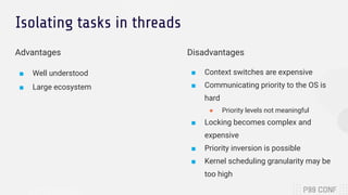Isolating tasks in threads
Advantages
■ Well understood
■ Large ecosystem
Disadvantages
■ Context switches are expensive
■ Communicating priority to the OS is
hard
● Priority levels not meaningful
■ Locking becomes complex and
expensive
■ Priority inversion is possible
■ Kernel scheduling granularity may be
too high
 
