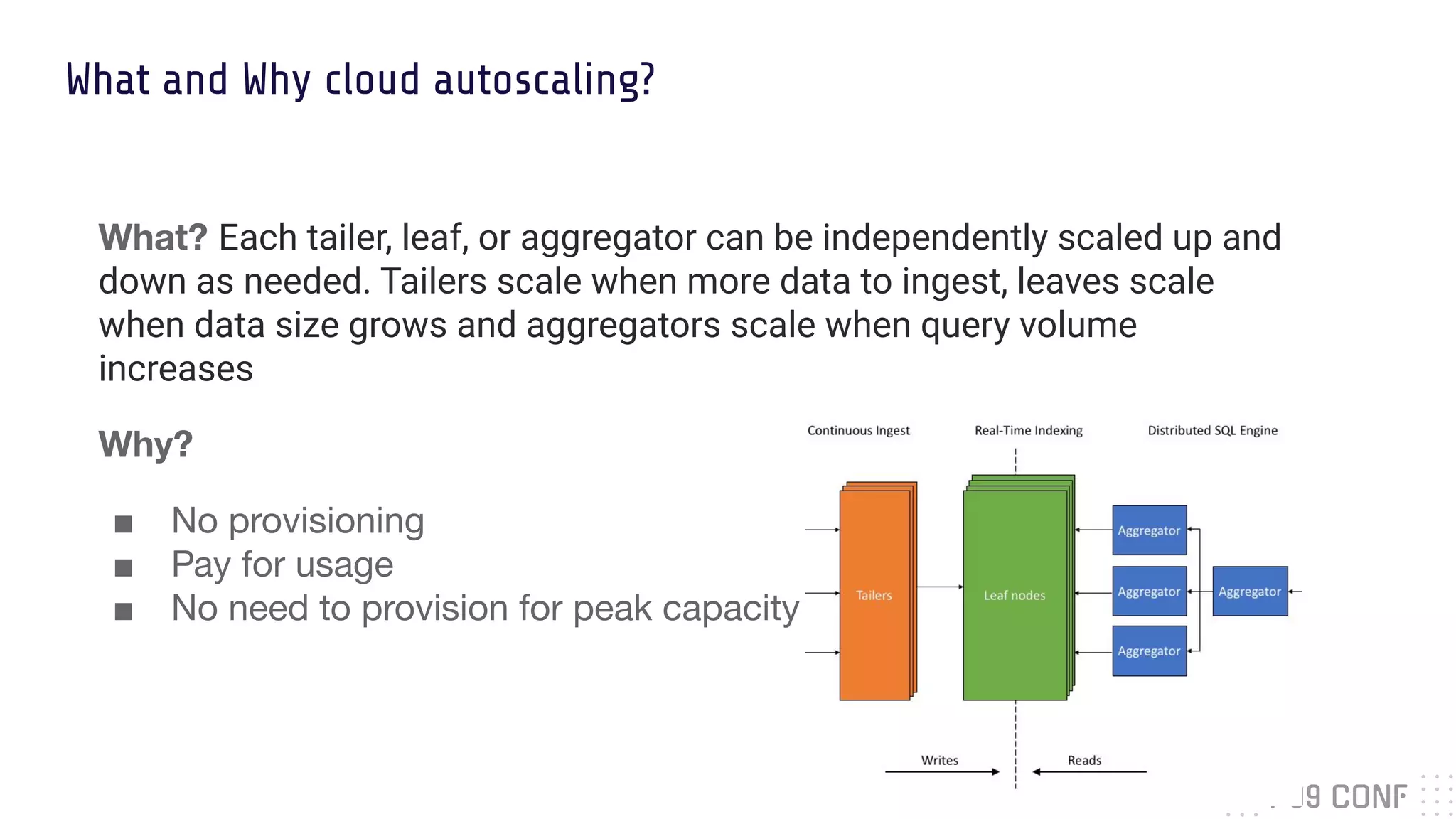 What and Why cloud autoscaling?
What? Each tailer, leaf, or aggregator can be independently scaled up and
down as needed. Tailers scale when more data to ingest, leaves scale
when data size grows and aggregators scale when query volume
increases
Why?
■ No provisioning
■ Pay for usage
■ No need to provision for peak capacity
33
 
