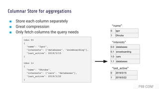 Columnar Store for aggregations
■ Store each column separately
■ Great compression
■ Only fetch columns the query needs
<d...