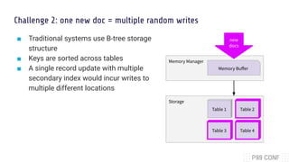 ■ Traditional systems use B-tree storage
structure
■ Keys are sorted across tables
■ A single record update with multiple
...