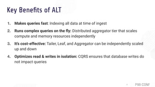 Key Beneﬁts of ALT
1. Makes queries fast: Indexing all data at time of ingest
2. Runs complex queries on the ﬂy: Distribut...