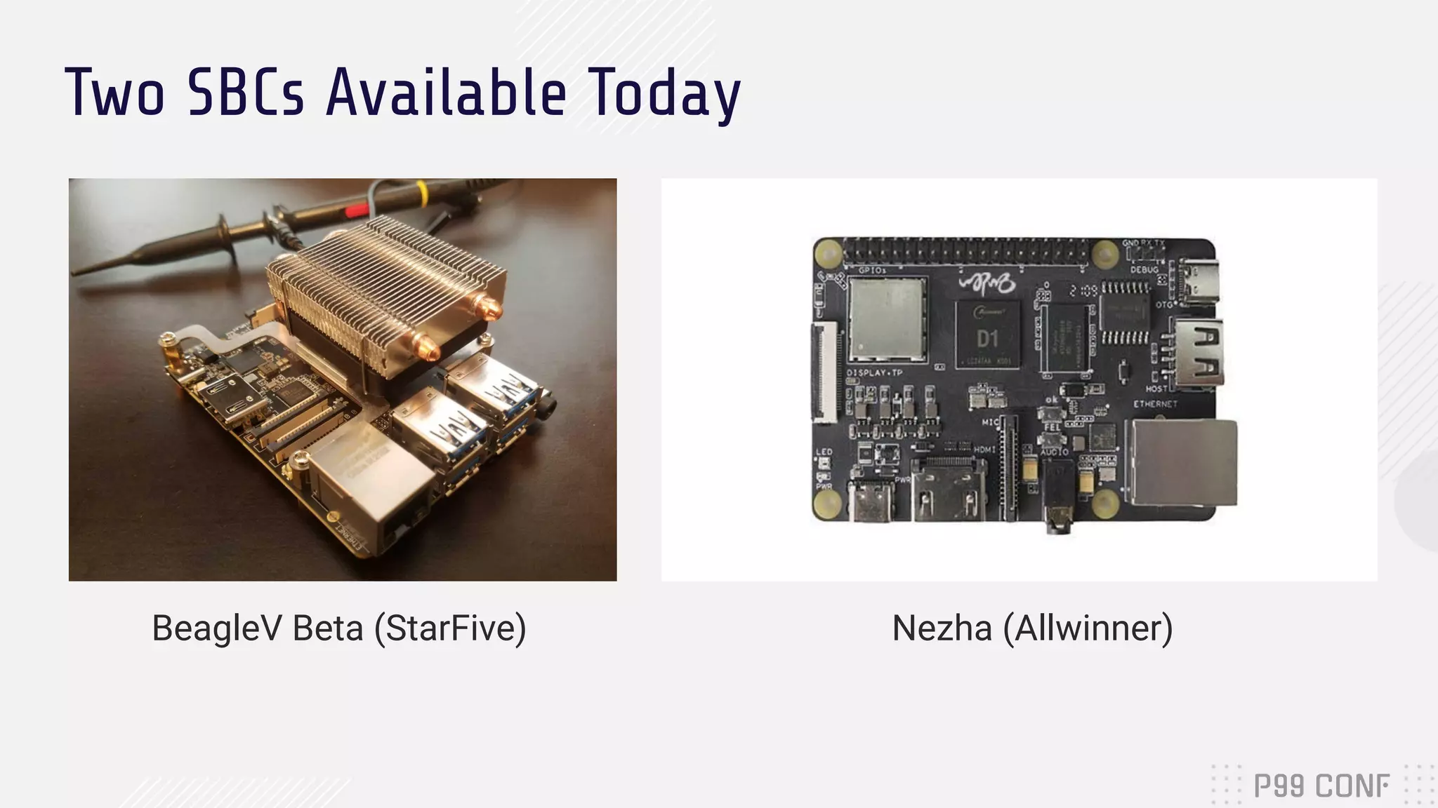 Two SBCs Available Today
BeagleV Beta (StarFive) Nezha (Allwinner)
 