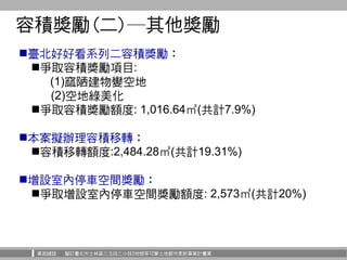 華固建設 擬訂臺北市士林區三玉段三小段2地號等12筆土地都市更新事業計畫案
容積獎勵(二)─其他獎勵
臺北好好看系列二容積獎勵：
爭取容積獎勵項目:
(1)窳陋建物變空地
(2)空地綠美化
爭取容積獎勵額度: 1,016.64㎡(共計7....
