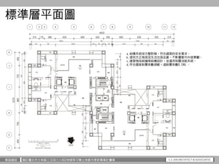 華固建設 擬訂臺北市士林區三玉段三小段2地號等12筆土地都市更新事業計畫案
標準層平面圖
a.結構系統採方整對稱，符合建築的安全需求。
b.提供方正格局及生活住居品質，不影響都市外部景觀。
c.建築物採純鋼骨結構設計，並運用制震消能系統。
d....