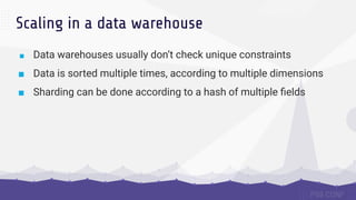 Scaling in a data warehouse
■ Data warehouses usually don’t check unique constraints
■ Data is sorted multiple times, acco...