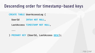 Descending order for timestamp-based keys
CREATE TABLE UserAccessLog (
UserId INT64 NOT NULL,
LastAccess TIMESTAMP NOT NULL,
...
) PRIMARY KEY (UserId, LastAccess DESC);
 