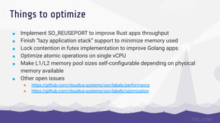 Things to optimize
■ Implement SO_REUSEPORT to improve Rust apps throughput
■ Finish “lazy application stack” support to minimize memory used
■ Lock contention in futex implementation to improve Golang apps
■ Optimize atomic operations on single vCPU
■ Make L1/L2 memory pool sizes self-conﬁgurable depending on physical
memory available
■ Other open issues
● https://github.com/cloudius-systems/osv/labels/performance
● https://github.com/cloudius-systems/osv/labels/optimization
 