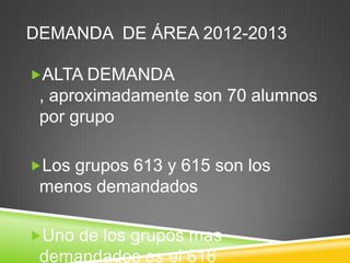 DEMANDA DE ÁREA 2012-2013
ALTA DEMANDA

, aproximadamente son 70 alumnos
por grupo
Los grupos 613 y 615 son los

menos demandados
Uno de los grupos mas

demandados es el 616

 
