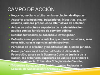 CAMPO DE ACCIÓN
 Negociar, mediar o arbitrar en la resolución de disputas.
 Asesorar a campesinos, trabajadores, industrias, etc., en

asuntos jurídicos proponiendo alternativas de solución.
 Actuar en estructuras superiores de la administración

pública con las funciones de servidor público.
 Realizar actividades de docencia e investigación.
 Defender a una persona ante los que toman decisiones, sean

éstos tribunales o agencias administrativas.
 Participar en la creación y modificación del sistema jurídico.
 Desempeñarse en el ámbito del Poder Judicial de la

Federación, ya sea en la Suprema Corte de Justicia de la
Nación, los Tribunales Superiores de Justicia de primera o
segunda instancia, Tribunales Colegiados de Circuito,
 Tribunales Colegiados de Distrito, Juntas Federales y

Locales, de Conciliación y Arbitraje y el Tribunal Agrario.

 