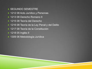  SEGUNDO SEMESTRE
 1212 08 Acto Jurídico y Personas
 1213 08 Derecho Romano II
 1215 08 Teoría del Derecho
 1216 08 Teoría de la Ley Penal y del Delito
 1217 08 Teoría de la Constitución
 1218 05 Inglés II
 1309 06 Metodología Jurídica

 