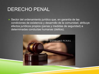 DERECHO PENAL
 Sector del ordenamiento jurídico que, en garantía de las

condiciones de existencia y desarrollo de la comunidad, atribuye
efectos jurídicos propios (penas y medidas de seguridad) a
determinadas conductas humanas (delitos).

 