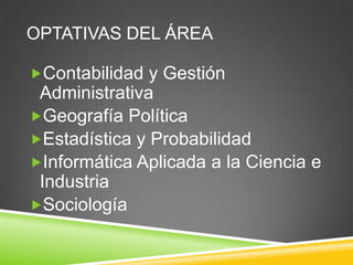 OPTATIVAS DEL ÁREA
Contabilidad y Gestión

Administrativa
Geografía Política
Estadística y Probabilidad
Informática Aplicada a la Ciencia e
Industria
Sociología

 
