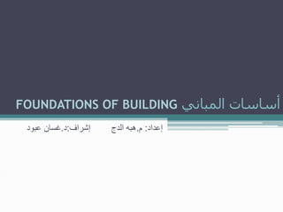 ‫المباني‬ ‫أساسات‬FOUNDATIONS OF BUILDING
‫إعداد‬:‫م‬.‫هبه‬‫الدج‬‫إشراف‬:‫د‬.‫غسان‬‫عبود‬
 