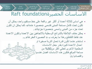 ‫الحصيرة‬ ‫االساسات‬Raft foundation
5.‫االساسات‬ ‫هندسة‬
1.‫السوري‬ ‫العربي‬ ‫الكود‬
•‫يمكن‬ ،‫واحد‬ ‫مستقيم‬ ‫خط‬ ‫على‬ ‫واقعة‬ ‫غير‬ ‫أكثر‬ ‫أو‬ ‫أعمدة‬ ‫لثالثة‬ ‫اساس‬ ‫هي‬‫أن‬
‫فتسمى‬ ‫المبنى‬ ‫مساحة‬ ‫كامل‬ ‫تحت‬ ‫تكون‬«‫عامة‬ ‫حصيرة‬»‫ت‬ ‫ان‬ ‫يمكن‬ ‫كما‬ ،‫كون‬
‫وتسمى‬ ‫المبنى‬ ‫من‬ ‫جزء‬ ‫تحت‬«‫جزئية‬ ‫حصيرة‬»1)
•‫وتكو‬ ‫االعمدة‬ ‫بين‬ ‫باالتجاهين‬ ‫الوسطية‬ ‫بالشرائح‬ ‫البالطة‬ ‫حذف‬ ‫يمكن‬‫االعمدة‬ ‫ن‬
‫بـ‬ ‫يعرف‬ ‫ما‬ ‫وهذا‬ ‫التقاطع‬ ‫نقاط‬ ‫عند‬«‫المفرغة‬ ‫الحصيرة‬».(1)
•‫او‬ ‫صغيرة‬ ‫التربة‬ ‫تحمل‬ ‫قدرة‬ ‫تكون‬ ‫عندما‬ ‫تستخدم‬
‫االساسات‬ ‫جعل‬ ‫بقدر‬ ‫كبيرة‬ ‫االعمدة‬ ‫احمال‬
‫من‬ ‫اكثر‬ ‫تغطي‬ ‫االخرى‬ ‫السطحية‬50%‫من‬
‫هندسيا‬ ‫افضل‬ ‫االساسات‬ ‫هذه‬ ‫فتكون‬ ‫الموقع‬ ‫مساحة‬
‫واقتصاديا‬.(5)
‫تعريف‬
‫األساسات‬
‫أحمال‬
‫األساسات‬
‫تصمي‬ ‫شروط‬‫م‬
‫االساسات‬
‫األساسات‬ ‫أنواع‬
‫تنفيذها‬ ‫وطرق‬
‫التربة‬ ‫دراسة‬
‫البن‬ ‫وحفرية‬‫اء‬
‫المؤثرة‬ ‫العوامل‬
‫تصميم‬ ‫على‬
‫االساسات‬
‫إنشاء‬ ‫مواد‬
‫االساسات‬
‫األساسات‬ ‫أنواع‬
‫تنفيذها‬ ‫وطرق‬
 