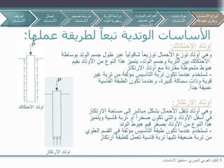 ‫عم‬ ‫لطريقة‬ ً‫تبعا‬ ‫الوتدية‬ ‫األساسات‬‫لها‬:
1.‫السوري‬ ‫العربي‬ ‫الكود‬–‫األساسات‬ ‫ملحق‬.
‫االحتكاك‬ ‫أوتاد‬:
‫بوساطة‬ ‫الوتد‬ ‫جسم‬ ‫طول‬ ‫عبر‬ ‫شاقوليا‬ ‫توزيعا‬ ‫األحمال‬ ‫توزع‬ ‫أوتاد‬ ‫وهي‬
‫بقيم‬ ‫األوتاد‬ ‫من‬ ‫النوع‬ ‫هذا‬ ‫يتميز‬ ،‫الوتد‬ ‫وجسم‬ ‫التربة‬ ‫بين‬ ‫االحتكاك‬
‫االرتكاز‬ ‫أوتاد‬ ‫مع‬ ‫مقارنة‬ ‫ملحوظة‬ ‫هبوط‬
-‫غير‬ ‫تربة‬ ‫من‬ ‫مؤلفة‬ ‫التأسيس‬ ‫تربة‬ ‫تكون‬ ‫عندما‬ ‫تستخدم‬
‫القاسية‬ ‫الطبقة‬ ‫تكون‬ ‫وعندما‬ ،‫كبيرة‬ ‫سماكة‬ ‫وذات‬ ‫قوية‬
‫جدا‬ ‫عميقة‬.
‫أوتاد‬‫االرتكاز‬:
‫مباشر‬ ‫بشكل‬ ‫األحمال‬ ‫تنقل‬ ‫أوتاد‬ ‫وهي‬‫إلى‬‫االرتكاز‬ ‫مساحة‬
‫في‬‫األوتاد‬ ‫أسفل‬‫والتي‬‫قاسية‬ ‫تربة‬ ‫أو‬ ‫صخرا‬ ‫تكون‬‫ويتميز‬
‫الوتد‬ ‫هبوط‬ ‫قيم‬ ‫بصغر‬ ‫األوتاد‬ ‫من‬ ‫النوع‬ ‫هذا‬
-‫العلوي‬ ‫القسم‬ ‫في‬ ‫مؤلفة‬ ‫التأسيس‬ ‫طبقة‬ ‫تكون‬ ‫عندما‬ ‫تستخدم‬
‫ارتكاز‬ ‫كطبقة‬ ‫تعمل‬ ‫قاسية‬ ‫تربة‬ ‫تليها‬ ‫ضعيفة‬ ‫تربة‬ ‫من‬
‫االحتكاك‬ ‫اوتاد‬
‫االرتكاز‬ ‫اوتاد‬
‫تعريف‬
‫األساسات‬
‫أحمال‬
‫األساسات‬
‫تصمي‬ ‫شروط‬‫م‬
‫االساسات‬
‫األساسات‬ ‫أنواع‬
‫تنفيذها‬ ‫وطرق‬
‫التربة‬ ‫دراسة‬
‫البن‬ ‫وحفرية‬‫اء‬
‫المؤثرة‬ ‫العوامل‬
‫تصميم‬ ‫على‬
‫االساسات‬
‫إنشاء‬ ‫مواد‬
‫االساسات‬
‫األساسات‬ ‫أنواع‬
‫تنفيذها‬ ‫وطرق‬
 