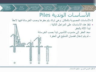 ‫الوتدية‬ ‫األساسات‬Piles
1.‫السوري‬ ‫العربي‬ ‫الكود‬–‫األساسات‬ ‫ملحق‬.
1-‫بالمكان‬ ‫المصبوبة‬ ‫األساسات‬:‫فيه‬ ‫الخرسانة‬ ‫وصب‬ ‫حفرها‬ ‫يتم‬ ‫اوتاد‬ ‫وهي‬‫الحقا‬ ‫ا‬
•‫االساسات‬ ‫هذه‬ ‫تنفذ‬‫التالية‬ ‫المراحل‬ ‫على‬:
‫بالحفر‬ ‫اآللة‬ ‫تبدأ‬
-‫الخرسانة‬ ‫بصب‬ ‫تبدأ‬ ‫التأسيس‬ ‫منسوب‬ ‫إلى‬ ‫الحفر‬ ‫بعد‬
-‫الحفرة‬ ‫في‬ ‫التسليح‬ ‫قضبان‬ ‫إدخال‬ ‫يتم‬ ‫ثم‬
‫تعريف‬
‫األساسات‬
‫أحمال‬
‫األساسات‬
‫تصمي‬ ‫شروط‬‫م‬
‫االساسات‬
‫األساسات‬ ‫أنواع‬
‫تنفيذها‬ ‫وطرق‬
‫التربة‬ ‫دراسة‬
‫البن‬ ‫وحفرية‬‫اء‬
‫المؤثرة‬ ‫العوامل‬
‫تصميم‬ ‫على‬
‫االساسات‬
‫إنشاء‬ ‫مواد‬
‫االساسات‬
‫األساسات‬ ‫أنواع‬
‫تنفيذها‬ ‫وطرق‬
 