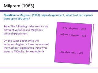 Milgram (1963)
Question: In Milgram’s (1963) original experiment, what % of participants
went up to 450 volts?
Task: The following slides contain six
different variations to Milgram’s
original experiment.
On the sugar paper write the
variations higher or lower in terms of
the % of participants you think who
went to 450volts…for example 
 