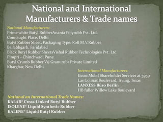 National Manufacturers:
Prime white Butyl RubberAnanta Polyrubb Pvt. Ltd.
Connaught Place, Delhi
Butyl Rubber Sheet, Packaging Type: Roll M.V.Rubber
Ballabhgarh, Faridabad
Black Butyl Rubber SheetsVishal Rubber Technologies Pvt. Ltd.
Pimpri - Chinchwad, Pune
Butyl Crumb Rubber Vsj Granurubr Private Limited
Kharghar, New Delhi
International Manufacturers:
ExxonMobil Shareholder Services at 5959
Las Colinas Boulevard, Irving, Texas
LANXESS Büro Berlin
HB fuller Willow Lake Boulevard
National an International Trade Names:
KALAR® Cross-Linked Butyl Rubber
ISOLENE® Liquid Synthetic Rubber
KALENE® Liquid Butyl Rubber
 