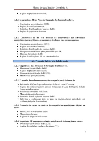 Plano de Avaliação- Domínio A

   •    Registo de projectos/actividades;


A.1.5. Integração da BE no Plano de Ocupação dos Tempos Escolares.

    •   Questionário aos professores (QD1);
    •   Registo de reuniões/contactos;
    •   Estatística de utilização dos recursos da BE;
    •   Registo de projectos/actividades.


A.1.6- Colaboração da BE com docentes na concretização das actividades
curriculares desenvolvidas no seu espaço ou tendo por base os seus recursos.

   •    Questionário aos professores (QD1);
   •    Registo de contactos /reuniões;
   •    Estatística de utilização dos recursos da BE;
   •    Listagem de materiais de apoio produzidos pela BE;
   •    Plano de Actividades da BE;
   •    Registo de utilização da BE em contexto lectivo.

                      A.2- Promoção da Literacia da Informação

A.2.1. Organização de actividades de formação de utilizadores.
   • Plano anual de actividades da BE;
   • Registo de projectos/actividades;
   • Observação de utilização da BE (O2);
   • Materiais de apoio produzidos;

A.2.2. Promoção do ensino em contexto de competências de informação.

    • Referências à BE no Projecto Educativo da Escola e nos PC turmas;
    • Registo de contactos/reuniões com os professores de Área de Projecto /Estudo
      Acompanhado e outros;
    • Recolha de actividades realizadas;
    • Materiais de apoio elaborados;
    • Estatística de utilização dos recursos da BE;
    • Entrevista a professores com os quais se implementaram actividades em
      colaboração (guião de entrevista).

A.2.3. Promoção do ensino em contexto de competências tecnológicas e digitais na
escola.

   •    Plano Anual de Actividades da BE
   •    Materiais produzidos;
   •    Registos de projectos/actividades;

A.2.4. Impacto da BE nas competências tecnológicas e de informação dos alunos.
   • Observação da utilização da BE (O1);
   • Análise dos trabalhos escolares dos alunos (T1);

                                                                                     3
 