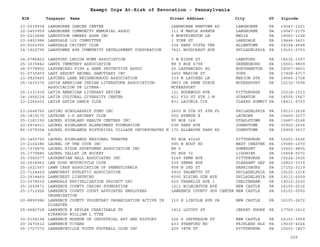 EIN Taxpayer Name Street Address City ST
Exempt Orgs At-Risk of Revocation - Pennsylvania
Zipcode
23-2539938 LANGHORNE CANCER CENTER LANGHORNE NEWTOWN RD LANGHORNE PA 19047-1201
22-2453959 LANGHORNE COMMUNITY MEMORIAL ASSOC 111 W MAPLE AVENUE LANGHORNE PA 19047-2179
23-2210898 LANGSTOON OWNERS ASSN INC 8 WORTHINGTON LN MEDIA PA 19063-1158
23-2851986 LANSDALE 125 COMMITTEE 1 VINE ST LANSDALE PA 19446-3601
20-0002965 LANSDALE CRICKET CLUB 104 PARK VISTA TER ALLENTOWN PA 18104-4548
14-1922795 LANSDOWNE AVE COMMUNITY DEVELOPMENT CORPORATION 7621 WOODCREST AVE PHILADELPHIA PA 19151-2703
24-0786822 LANSFORD LEGION HOME ASSOCIATION 3 W RIDGE ST LANSFORD PA 18232-1307
25-1635842 LANTZ CEMETERY ASSOCIATION RR 9 BOX 4798 GREENSBURG PA 15601-9809
24-0778802 LAPPAWINZO FISH & GAME PROTECTIVE ASSOC 25 LAPPAWINZO RD NORTHAMPTON PA 18067-9403
01-0735859 LAST RESORT ANIMAL SANCTUARY INC 2450 MARION ST YORK PA 17408-4717
23-2825465 LATCHES LANE NEIGHBORHOOD ASSOCIATION 339 N LATCHES LN MERION STA PA 19066-1728
25-1425375 LATIN AMERICAN INDIAN LITERATURE ASSOCIATION-
ASSOCIACION DE LITERA-
UNIV DR PENN STATE
MCKEESPORT
MCKEESPORT PA 15132-7698
25-1331939 LATIN AMERICAN LITERARY REVIEW 121 EDGEWOOD AVE PITTSBURGH PA 15218-1513
14-1956218 LATIN CULTURAL DIVERSITY CENTER 421 FIG ST STE 1-W SCRANTON PA 18505-1567
23-2266603 LATIN SATIN DANCE CLUB 831 LACONIA CIR CLARKS SUMMIT PA 18411-9703
23-2648765 LATINO SCHOLARSHIP FUND INC 2603 N 5TH ST 4TH FL PHILADELPHIA PA 19133-2638
25-1819170 LATROBE 3-D ARCHERY CLUB 500 AVENUE B LATROBE PA 15650-3277
25-1181152 LAUREL HIGHLAND HEALTH CENTERS INC PO BOX 168 STAHLSTOWN PA 15687-0168
20-2974911 LAUREL HIGHLANDS ALZHEIMERS FOUNDATION 538 PARK AVE JOHNSTOWN PA 15902-2616
86-1079004 LAUREL HIGHLANDS HISTORICAL VILLAGE INCORPORATED N
P
172 ALLBAUGH PARK RD JOHNSTOWN PA 15909-3617
25-1450765 LAUREL HIGHLANDS REGIONAL THEATRE PO BOX 40226 PITTSBURGH PA 15201-0226
23-2104386 LAUREL OF THE COVE INC 595 W BOOT RD WEST CHESTER PA 19380-1070
23-7376876 LAUREL RIDGE SPORTSMEN ASSOCIATION INC RR 5 SOMERSET PA 15501-9805
25-1779885 LAUREL VALLEY JR HOCKEY PO BOX 72 LIGONIER PA 15658-0072
25-1545077 LAURENTIAN HALL ASSOCIATES INC 5149 PENN AVE PITTSBURGH PA 15224-1625
20-2018962 LAW DOGS MOTORCYCLE CLUB 239 GEMAR AVE PLEASANT GAP PA 16823-3315
25-1621567 LAWN CARE ASSOCIATION OF PENNSYLVANIA 908 N 2ND ST HARRISBURG PA 17102-3119
23-7128429 LAWNCREST ATHLETIC ASSOCIATION 5930 PALMETTO ST PHILADELPHIA PA 19120-1214
23-2914469 LAWNCREST LIGHTNING 6000 RISING SUN AVE PHILADELPHIA PA 19111-6009
23-3078530 LAWNDALE REVITALIZATION PROJECT INC 420 FRANKLIN AVE 1 CHELTENHAM PA 19012-2030
25-1609471 LAWRENCE COUNTY CARING FOUNDATION 1211 WILMINGTON AVE NEW CASTLE PA 16105-2516
25-1712926 LAWRENCE COUNTY COURT APPOINTED EMPLOYEES
ORGANIZATION
LAWRENCE COUNTY GOV CENTER NEW CASTLE PA 16101-0000
20-8890986 LAWRENCE COUNTY VOLUNTARY ORGANIZATION ACTIVE IN
DISASTER
110 E LINCOLN AVE 2B NEW CASTLE PA 16101-2472
25-6682728 LAWRENCE E HEYLER CHARITABLE TR
KIRKWOOD WILLIAM L TTEE
1412 LOCUST ST JERSEY SHORE PA 17740-1610
30-0104194 LAWRENCE MUSEUM OF INDUSTRIAL ART AND HISTORY 526 S JEFFERSON ST NEW CASTLE PA 16101-3959
20-3470512 LAWRENCE TITANS 433 STANFORD RD FAIRLESS HLS PA 19030-4024
25-1727072 LAWRENCEVILLE YOUTH FOOTBALL CLUB INC 225 38TH ST PITTSBURGH PA 15201-1807
226
 