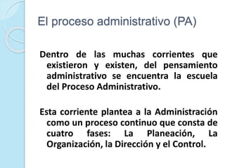 El proceso administrativo (PA)
Dentro de las muchas corrientes que
existieron y existen, del pensamiento
administrativo se encuentra la escuela
del Proceso Administrativo.
Esta corriente plantea a la Administración
como un proceso continuo que consta de
cuatro fases: La Planeación, La
Organización, la Dirección y el Control.
 