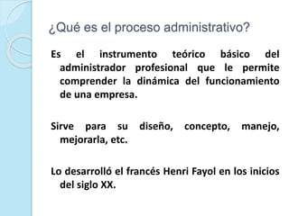 ¿Qué es el proceso administrativo?
Es el instrumento teórico básico del
administrador profesional que le permite
comprender la dinámica del funcionamiento
de una empresa.
Sirve para su diseño, concepto, manejo,
mejorarla, etc.
Lo desarrolló el francés Henri Fayol en los inicios
del siglo XX.
 