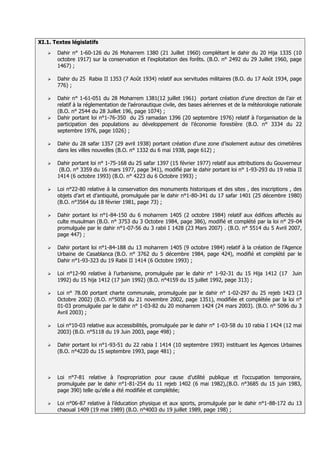 XI.1. Textes législatifs
      Dahir n° 1-60-126 du 26 Moharrem 1380 (21 Juillet 1960) complétant le dahir du 20 Hija 1335 (10
       octobre 1917) sur la conservation et l’exploitation des forêts. (B.O. n° 2492 du 29 Juillet 1960, page
       1467) ;

      Dahir du 25 Rabia II 1353 (7 Août 1934) relatif aux servitudes militaires (B.O. du 17 Août 1934, page
       776) ;

      Dahir n° 1-61-051 du 28 Moharrem 1381(12 juillet 1961) portant création d’une direction de l’air et
       relatif à la réglementation de l’aéronautique civile, des bases aériennes et de la météorologie nationale
       (B.O. n° 2544 du 28 Juillet 196, page 1074) ;
      Dahir portant loi n°1-76-350 du 25 ramadan 1396 (20 septembre 1976) relatif à l’organisation de la
       participation des populations au développement de l’économie forestière (B.O. n° 3334 du 22
       septembre 1976, page 1026) ;

      Dahir du 28 safar 1357 (29 avril 1938) portant création d’une zone d’isolement autour des cimetières
       dans les villes nouvelles (B.O. n° 1332 du 6 mai 1938, page 612) ;

      Dahir portant loi n° 1-75-168 du 25 safar 1397 (15 février 1977) relatif aux attributions du Gouverneur
        (B.O. n° 3359 du 16 mars 1977, page 341), modifié par le dahir portant loi n° 1-93-293 du 19 rebia II
       1414 (6 octobre 1993) (B.O. n° 4223 du 6 Octobre 1993) ;

      Loi n°22-80 relative à la conservation des monuments historiques et des sites , des inscriptions , des
       objets d’art et d’antiquité, promulguée par le dahir n°1-80-341 du 17 safar 1401 (25 décembre 1980)
       (B.O. n°3564 du 18 février 1981, page 73) ;

      Dahir portant loi n°1-84-150 du 6 moharrem 1405 (2 octobre 1984) relatif aux édifices affectés au
       culte musulman (B.O. n° 3753 du 3 Octobre 1984, page 386), modifié et complété par la loi n° 29-04
       promulguée par le dahir n°1-07-56 du 3 rabii I 1428 (23 Mars 2007) . (B.O. n° 5514 du 5 Avril 2007,
       page 447) ;

      Dahir portant loi n°1-84-188 du 13 moharrem 1405 (9 octobre 1984) relatif à la création de l’Agence
       Urbaine de Casablanca (B.O. n° 3762 du 5 décembre 1984, page 424), modifié et complété par le
       Dahir n°1-93-323 du 19 Rabii II 1414 (6 Octobre 1993) ;

      Loi n°12-90 relative à l’urbanisme, promulguée par le dahir n° 1-92-31 du 15 Hija 1412 (17 Juin
       1992) du 15 hija 1412 (17 juin 1992) (B.O. n°4159 du 15 juillet 1992, page 313) ;

      Loi n° 78.00 portant charte communale, promulguée par le dahir n° 1-02-297 du 25 rejeb 1423 (3
       Octobre 2002) (B.O. n°5058 du 21 novembre 2002, page 1351), modifiée et complétée par la loi n°
       01-03 promulguée par le dahir n° 1-03-82 du 20 moharrem 1424 (24 mars 2003). (B.O. n° 5096 du 3
       Avril 2003) ;

      Loi n°10-03 relative aux accessibilités, promulguée par le dahir n° 1-03-58 du 10 rabia I 1424 (12 mai
       2003) (B.O. n°5118 du 19 Juin 2003, page 498) ;

      Dahir portant loi n°1-93-51 du 22 rabia I 1414 (10 septembre 1993) instituant les Agences Urbaines
       (B.O. n°4220 du 15 septembre 1993, page 481) ;



      Loi n°7-81 relative à l’expropriation pour cause d’utilité publique et l’occupation temporaire,
       promulguée par le dahir n°1-81-254 du 11 rejeb 1402 (6 mai 1982),(B.O. n°3685 du 15 juin 1983,
       page 390) telle qu’elle a été modifiée et complétée;

      Loi n°06-87 relative à l’éducation physique et aux sports, promulguée par le dahir n°1-88-172 du 13
       chaoual 1409 (19 mai 1989) (B.O. n°4003 du 19 juillet 1989, page 198) ;
 