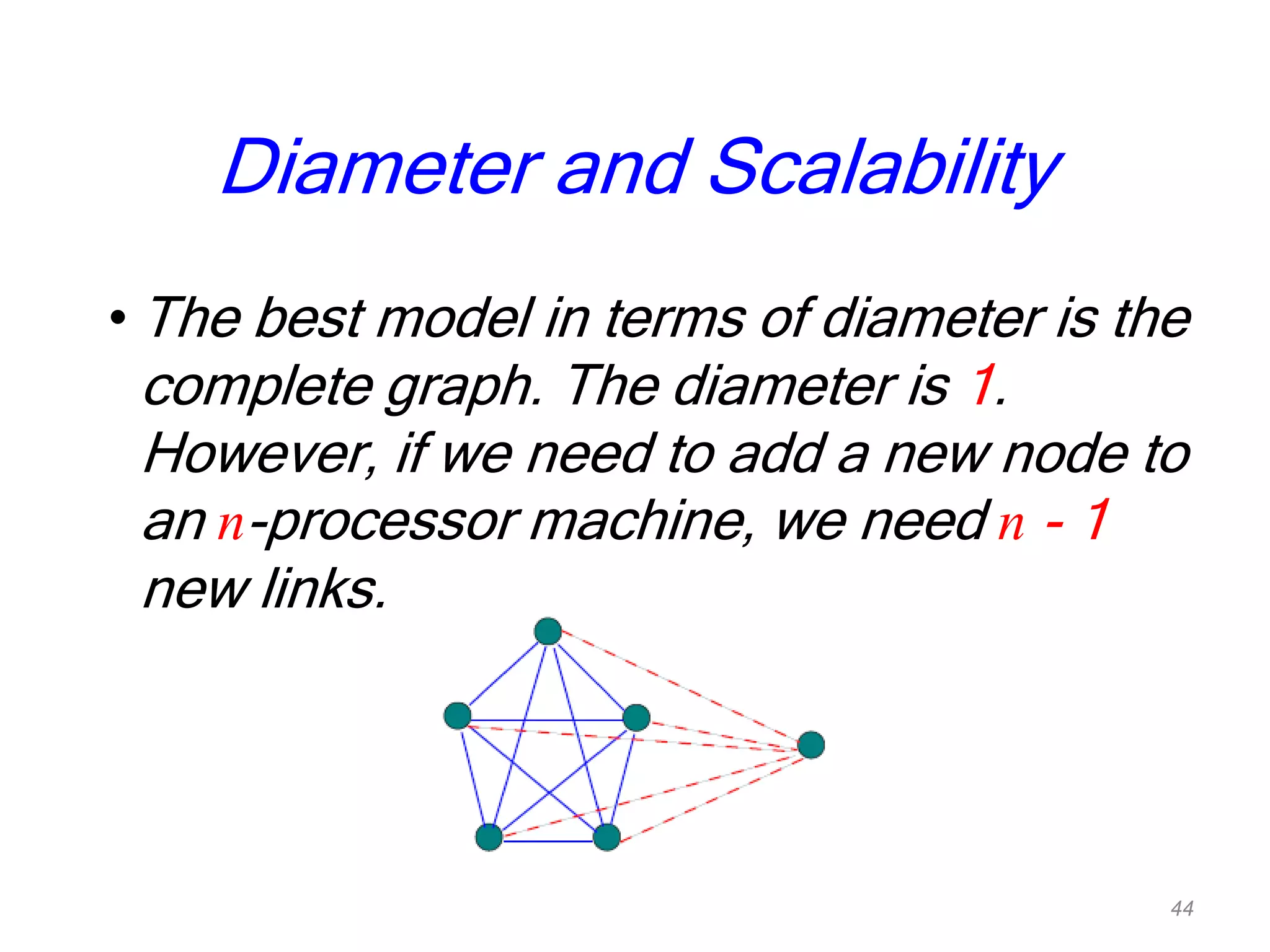 Diameter and Scalability
• The best model in terms of diameter is the
complete graph. The diameter is 1.
However, if we need to add a new node to
an n-processor machine, we need n - 1
new links.
44
 