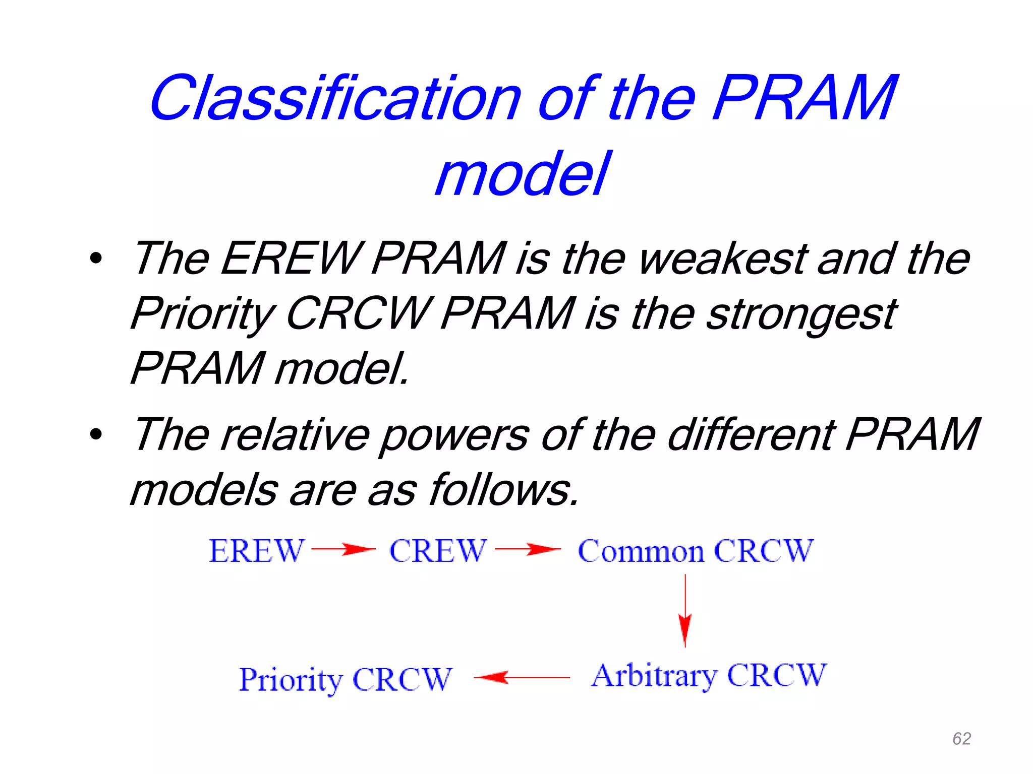 Classification of the PRAM
model
• The EREW PRAM is the weakest and the
Priority CRCW PRAM is the strongest
PRAM model.
• The relative powers of the different PRAM
models are as follows.
62
 