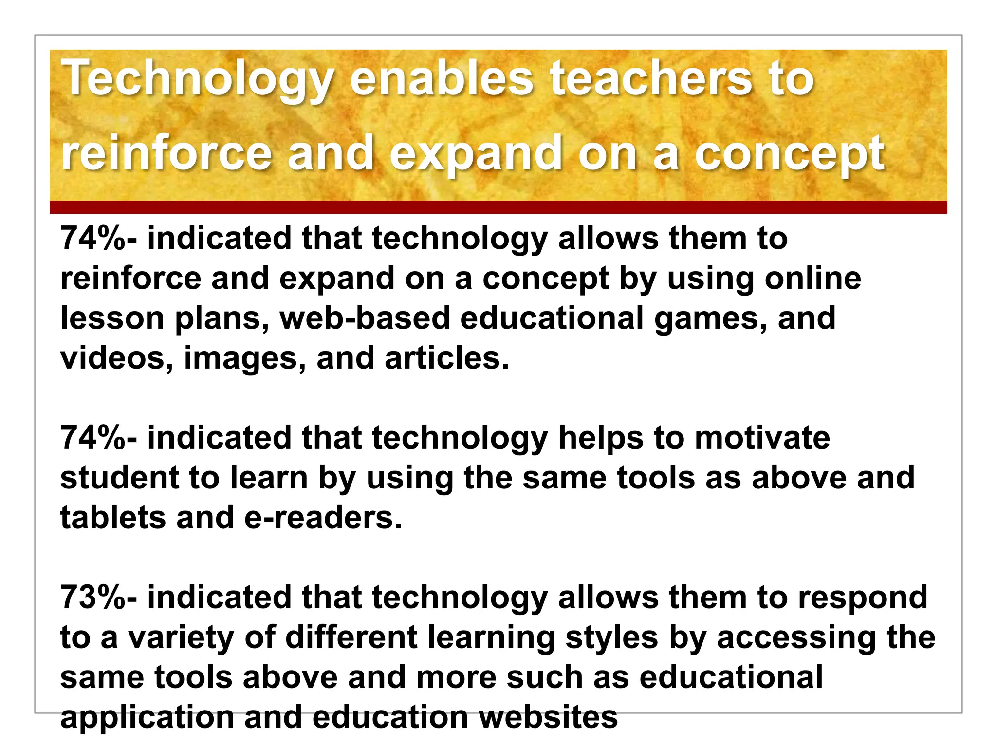 Technology enables teachers to
reinforce and expand on a concept
74%- indicated that technology allows them to
reinforce and expand on a concept by using online
lesson plans, web-based educational games, and
videos, images, and articles.
74%- indicated that technology helps to motivate
student to learn by using the same tools as above and
tablets and e-readers.
73%- indicated that technology allows them to respond
to a variety of different learning styles by accessing the
same tools above and more such as educational
application and education websites
 
