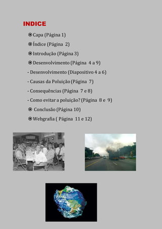 INDICE
Capa (Página 1)
Índice (Página 2)
Introdução (Página 3)
Desenvolvimento (Página 4 a 9)
- Desenvolvimento (Diapositivo 4 a 6)
- Causas da Poluição(Página 7)
- Consequências (Página 7 e 8)
- Como evitar a poluição? (Página 8 e 9)
 Conclusão (Página 10)
Webgrafia ( Página 11 e 12)
 