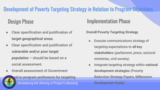 Development of Poverty Targeting Strategy in Relation to Program Objectives
● Clear specification and justification of
target geographical areas.
● Clear specification and justification of
vulnerable and/or poor target
population – should be based on a
social assessment.
● Overall assessment of Government
and/or program preference for targeting
Broadening the Sharing of Project’s Blessing
Overall Poverty Targeting Strategy
● Execute communications strategy of
targeting expectations to all key
stakeholders (parliament, press, sectoral
ministries, civil society)
● Integrate targeting strategy within national
development strategies (Poverty
Reduction Strategy Papers, Millennium
Development Goals)
Design Phase Implementation Phase
 