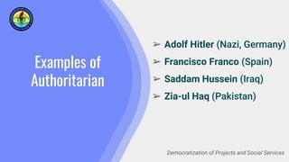 Examples of
Authoritarian
➢ Adolf Hitler (Nazi, Germany)
➢ Francisco Franco (Spain)
➢ Saddam Hussein (Iraq)
➢ Zia-ul Haq (Pakistan)
Democratization of Projects and Social Services
 