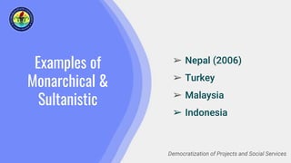Examples of
Monarchical &
Sultanistic
➢ Nepal (2006)
➢ Turkey
➢ Malaysia
➢ Indonesia
Democratization of Projects and Social Services
 