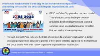 Promote the establishment of One-Stop PESOs which combine employment
and training services into one office and integrate employment and skills
programs
Creating More Job Opportunities and Means of Livelihood
➢ PESO in Cebu City provides the best model.
They demonstrates the importance of
providing both employment and training
services in an integrated manner to better
link job seekers to employment.
➢ Through the Nat’l Peso network, the DOLE should seek to promote “what works” in better
designing employment services to provide a more client-oriented approach. At the Nat’l level,
the DOLE should work with TESDA to promote organization of local PESOs.
 