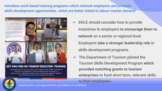 Introduce work-based training programs which network employers and promote
skills development opportunities, which are better linked to labour market demand
Creating More Job Opportunities and Means of Livelihood
➢ DOLE should consider how to provide
incentives to employers to encourage them to
network on a sector or regional level.
Employers take a stronger leadership role in
skills development programs.
➢ The Department of Tourism piloted the
Tourism Skills Development Program which
provided matching grants to tourism
enterprises to fund short term, relevant skills
to their employees.
 
