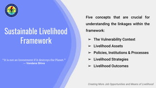 Sustainable Livelihood
Framework
Creating More Job Opportunities and Means of Livelihood
Five concepts that are crucial for
understanding the linkages within the
framework:
➢ The Vulnerability Context
➢ Livelihood Assets
➢ Policies, Institutions & Processes
➢ Livelihood Strategies
➢ Livelihood Outcomes
“It is not an Investment if it destroys the Planet.”
― Vandana Shiva
 