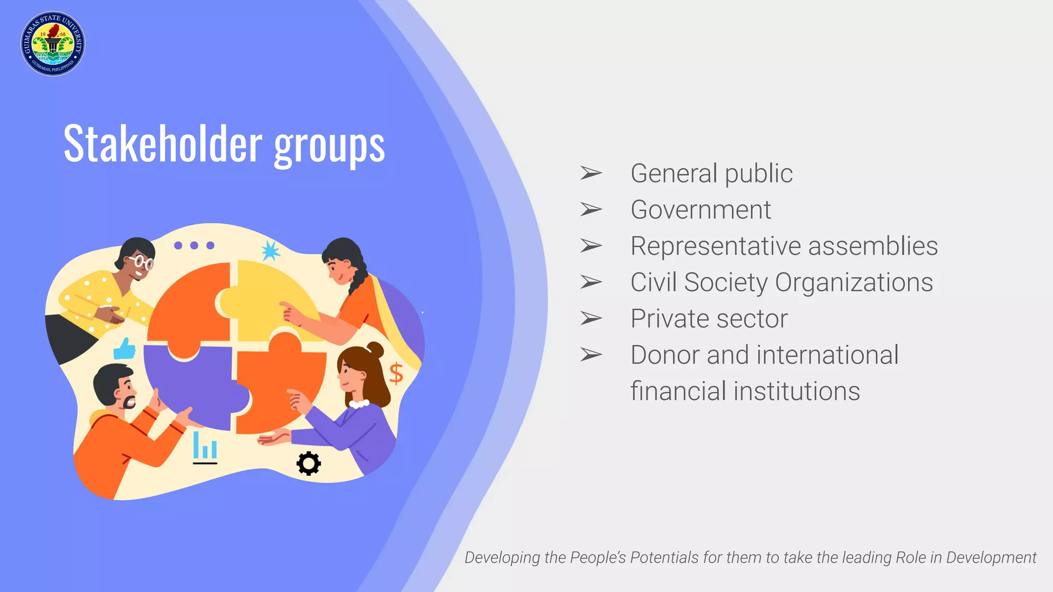 Stakeholder groups ➢ General public
➢ Government
➢ Representative assemblies
➢ Civil Society Organizations
➢ Private sector
➢ Donor and international
ﬁnancial institutions
Developing the People’s Potentials for them to take the leading Role in Development
 